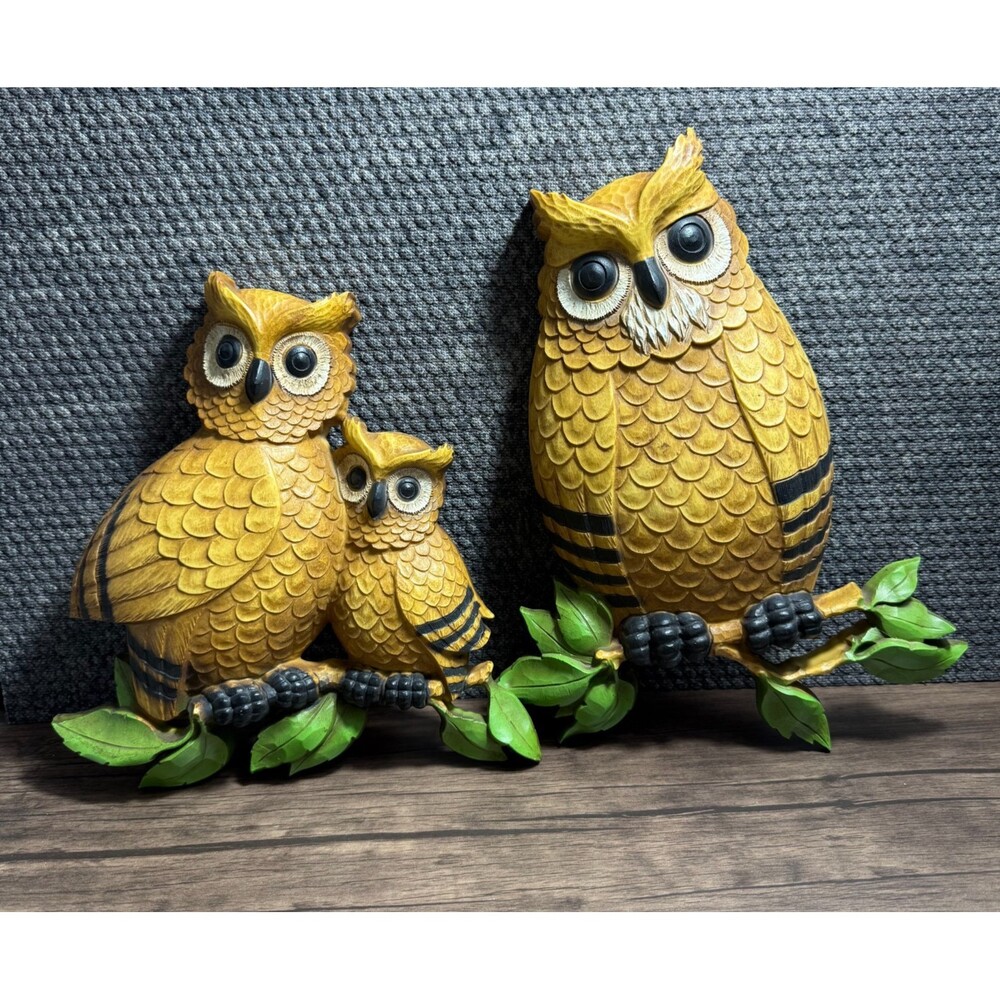 Vintage Pair MCM 1975 Homco Owl Family Wall Hanging Plaques Decor